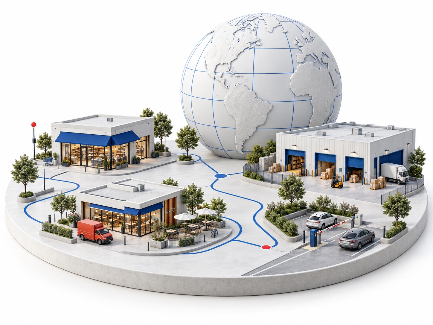 Conceptual connected business world with a globe, retail store, café and food truck, warehouse, and parking entrance.